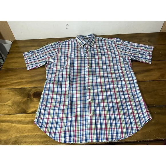 Peter Millar 100% Cotton Button-Up Shirt Colorful Plaid Short Sleeve Mens Large - Picture 1 of 8